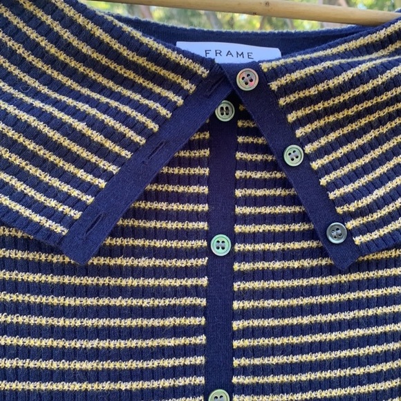 FRAME Off Shoulder Textured Wool Blend Sweater in Blue/Mustard Yellow - Picture 7 of 12